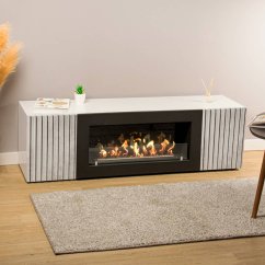 Тумба под ТВ с биокамином SteelHeat LIVORNO IMPULSE 140 см (корпус белый / фасады серый бетон)