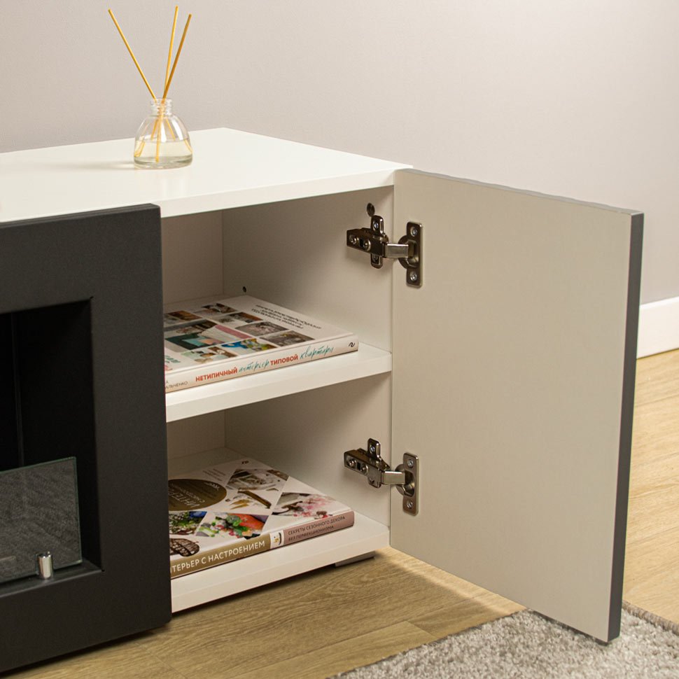 Тумба под ТВ с биокамином SteelHeat LIVORNO IMPULSE 140 см (корпус белый / фасады гротто гранит)