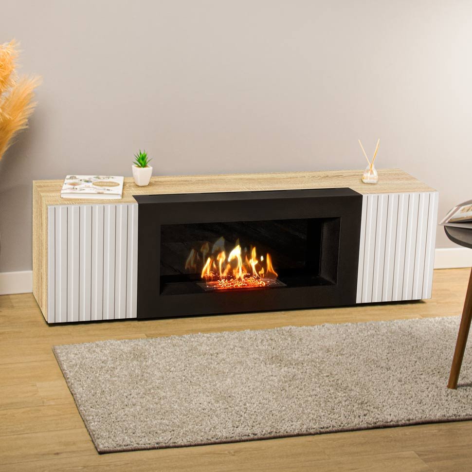 Тумба под ТВ с биокамином SteelHeat IMOLA IMPULSE 140 см (корпус дуб Сонома / фасады белые)