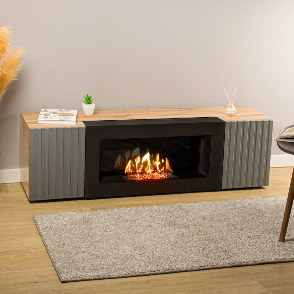 Тумба под ТВ с биокамином SteelHeat IMOLA IMPULSE 140 см (корпус дуб Вотан / фасады дуб Гротто Гранит)