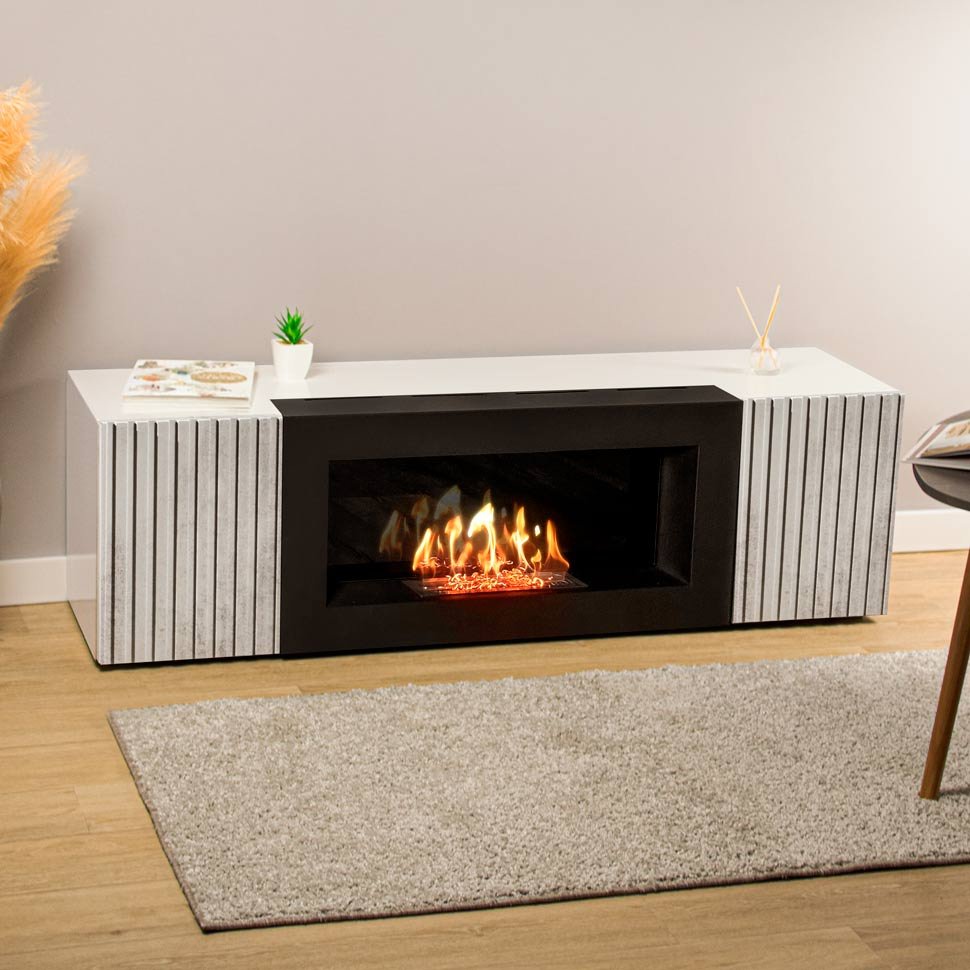 Тумба под ТВ с биокамином SteelHeat IMOLA IMPULSE 140 см (корпус белый / фасады серый бетон) Тумба под ТВ с биокамином SteelHeat IMOLA IMPULSE 140 см (корпус белый / фасады серый бетон)